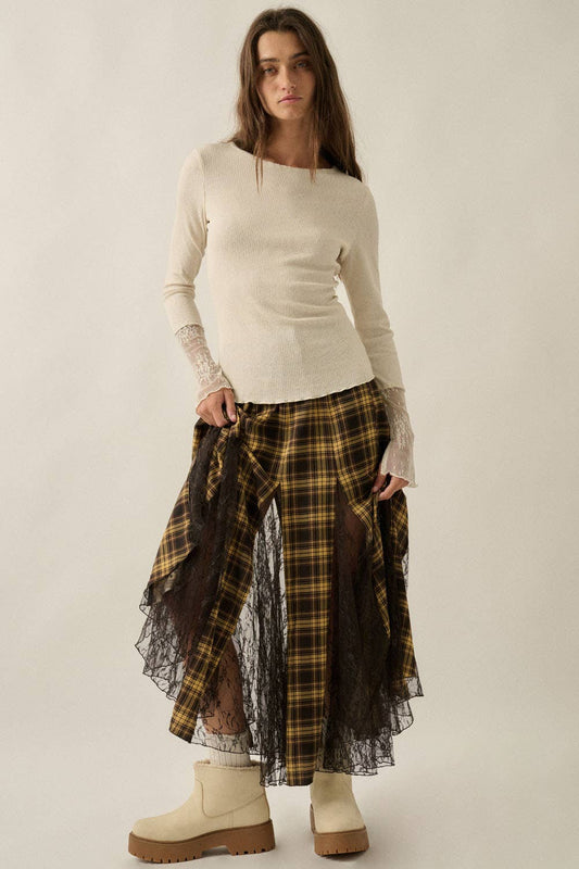 Solid Ribbed Knit Long-Sleeve Lace-Cuff Fitted Top