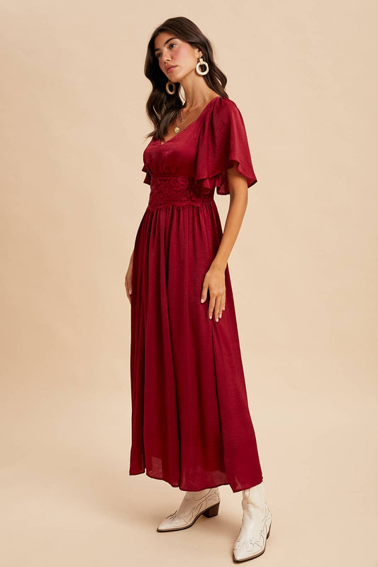 Washed Red Satin Lace Maxi Dress