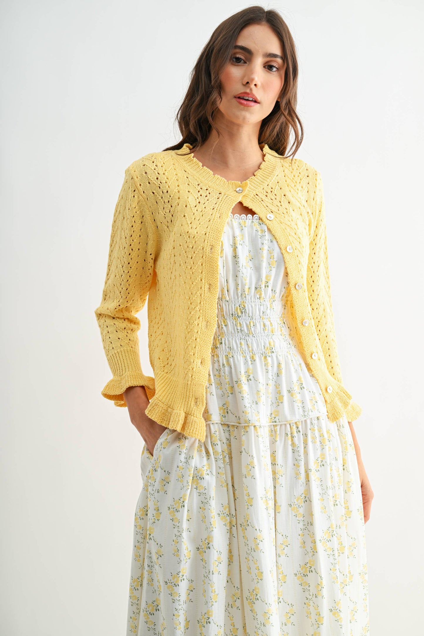 Lemon Yellow 3/4 Sleeve Knit Cardigan