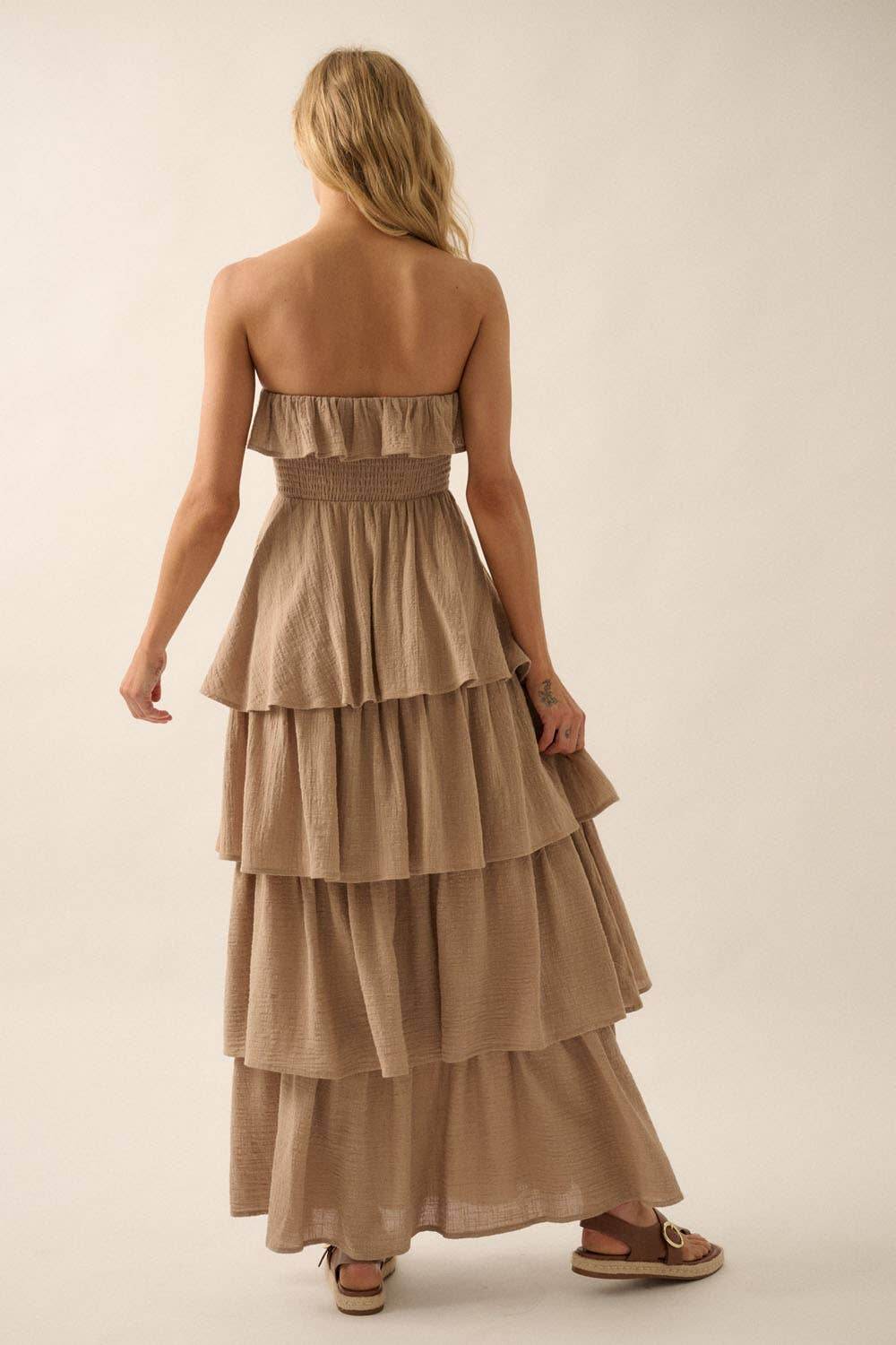 Textured Cotton Strapless Tiered Ruffle Maxi Dress - SAUVAGE ZSA™