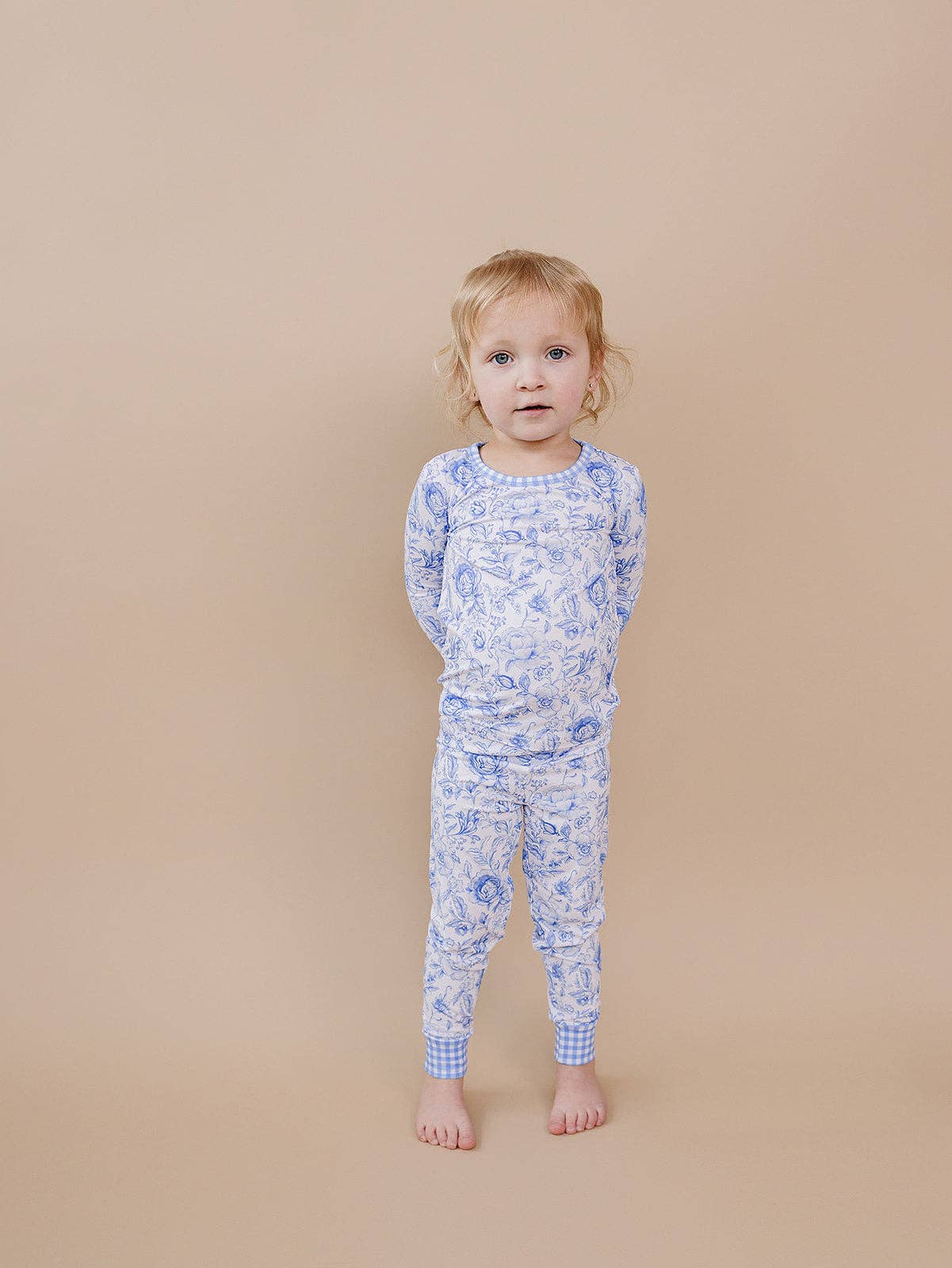 Kids Bamboo Two Piece Pajama and Loungewear Set - Gingham with Blue Flowers