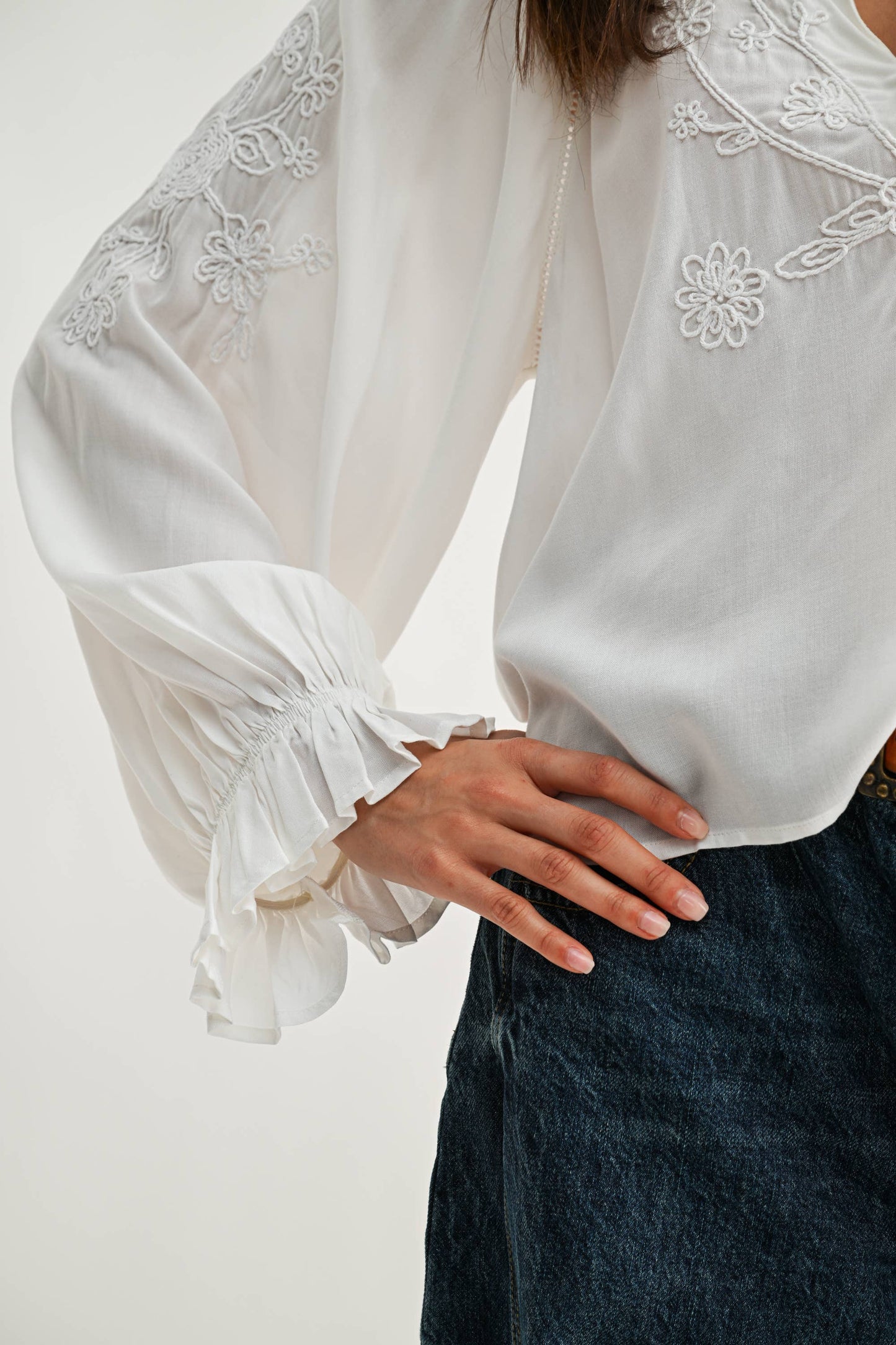 Boho-Chic Embroidered White Long Sleeved Blouse