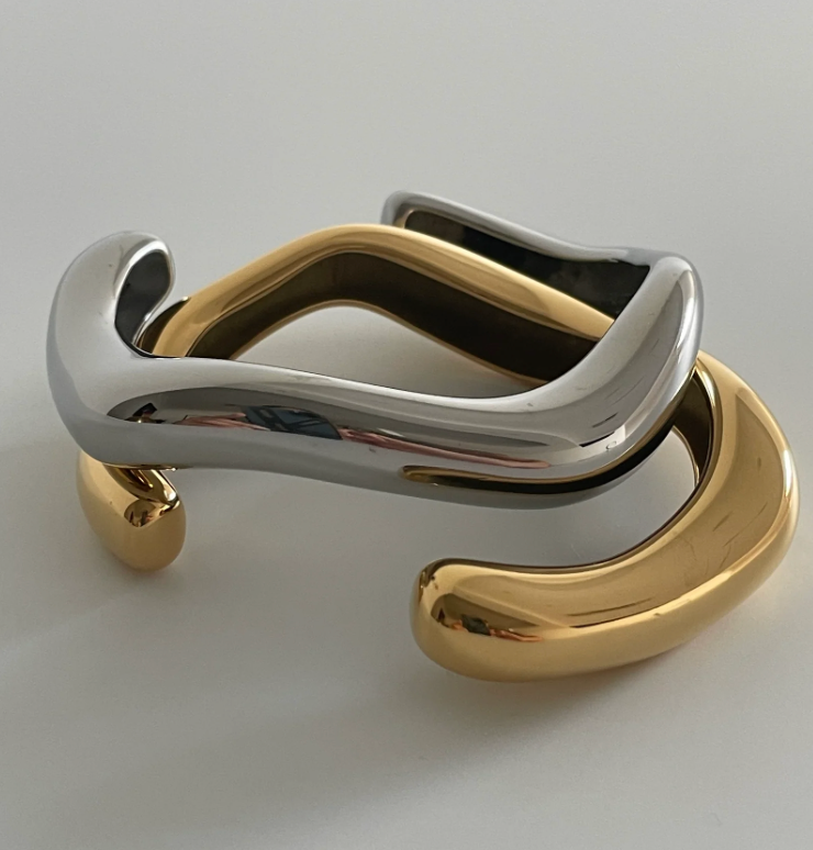 Editorial Wave Cuff Bangle Bracelet made with Recycled Metals & 14K Gold PVD