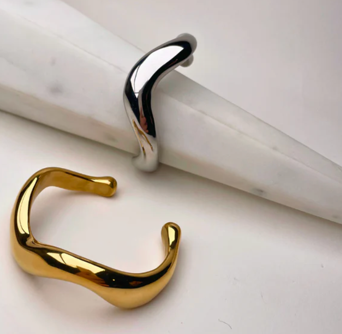 Editorial Wave Cuff Bangle Bracelet made with Recycled Metals & 14K Gold PVD