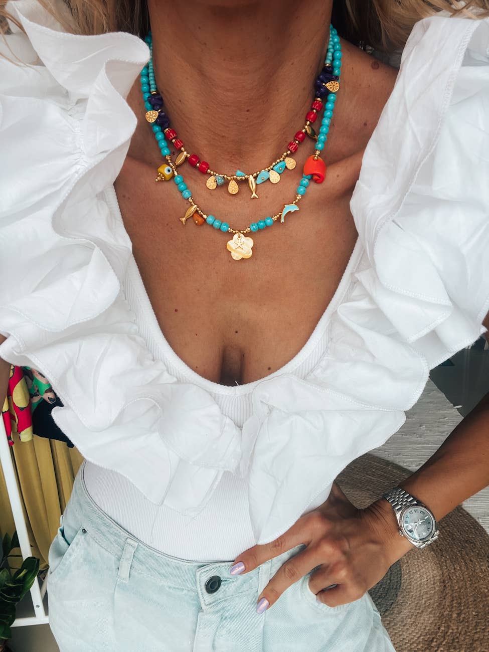 Turquoise Semiprecious Beaded Charm Necklace