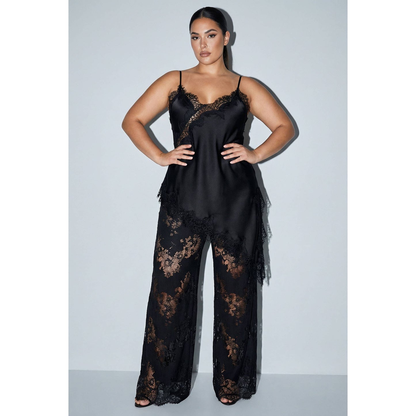 Satin Lace Trim Cami and Pants Set Plus Size
