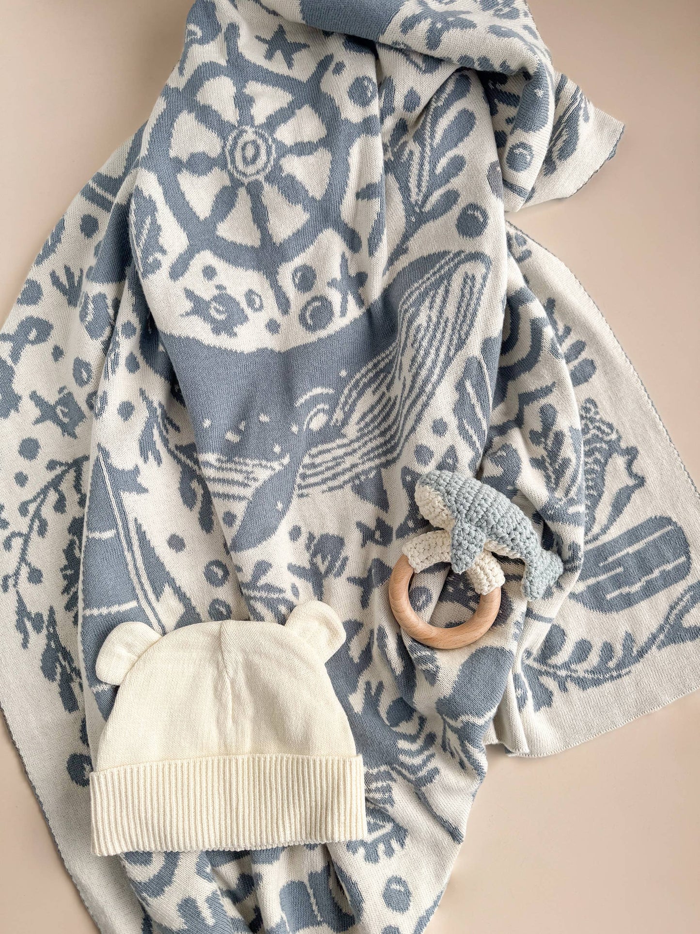 Baby Gift Set with Nautical Blanket, Whale Teether, Organic Cotton Hat