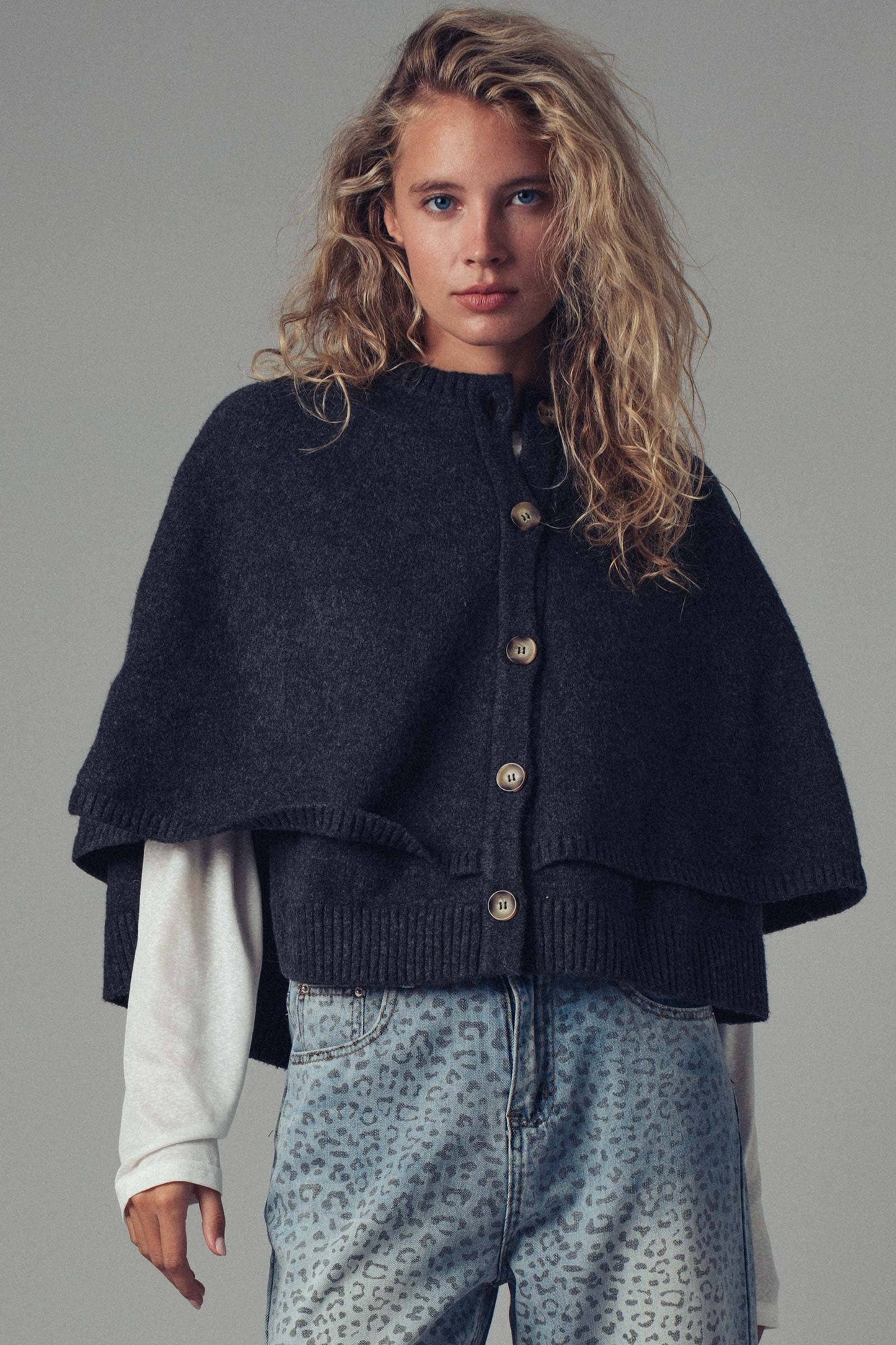 Wool Blend Button-Front Sweater Cape