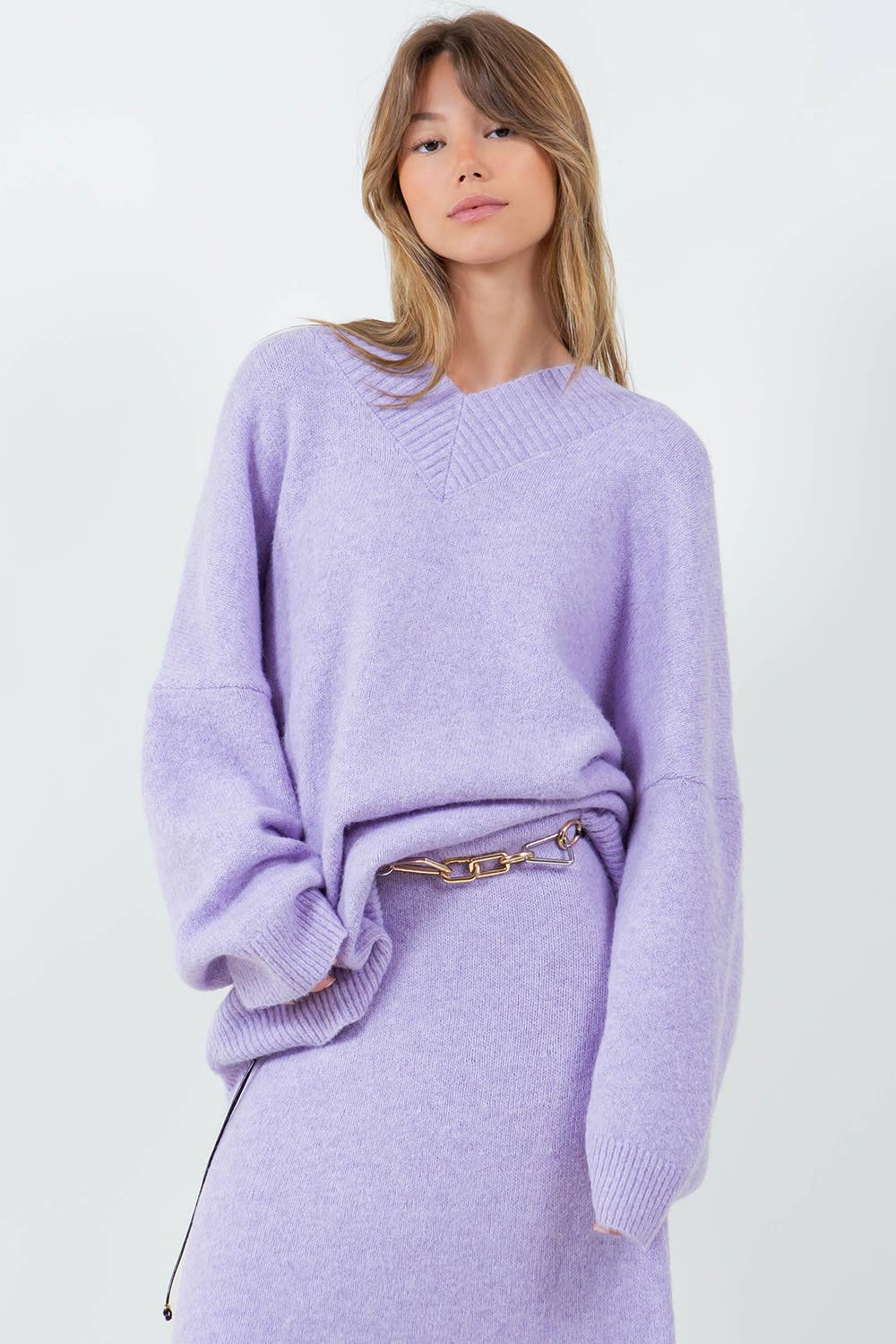 Oversized V-Neck Fuzzy Knitted Sweater