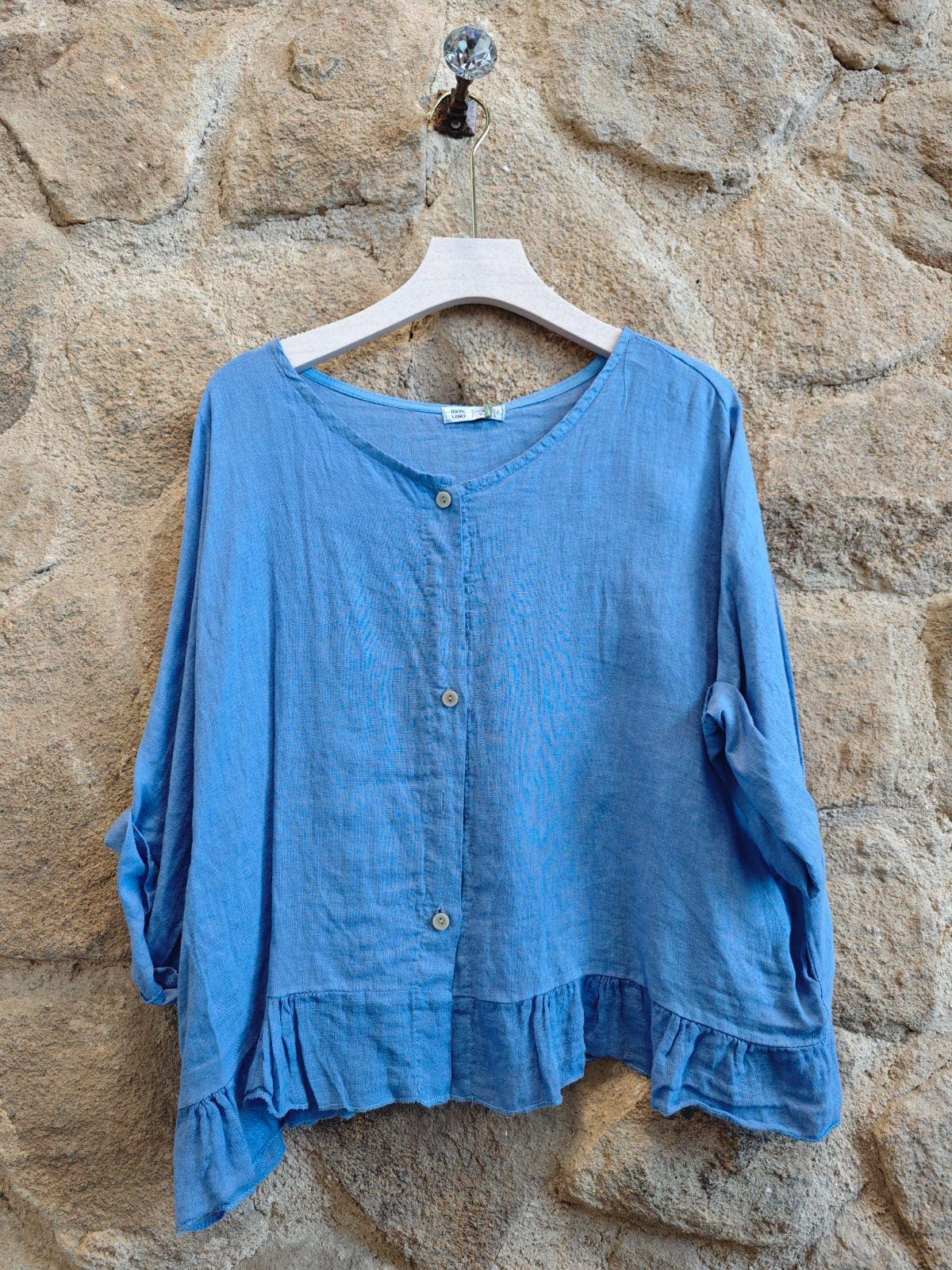 Ruffle 3/4 Sleeve Italian Linen Blouse