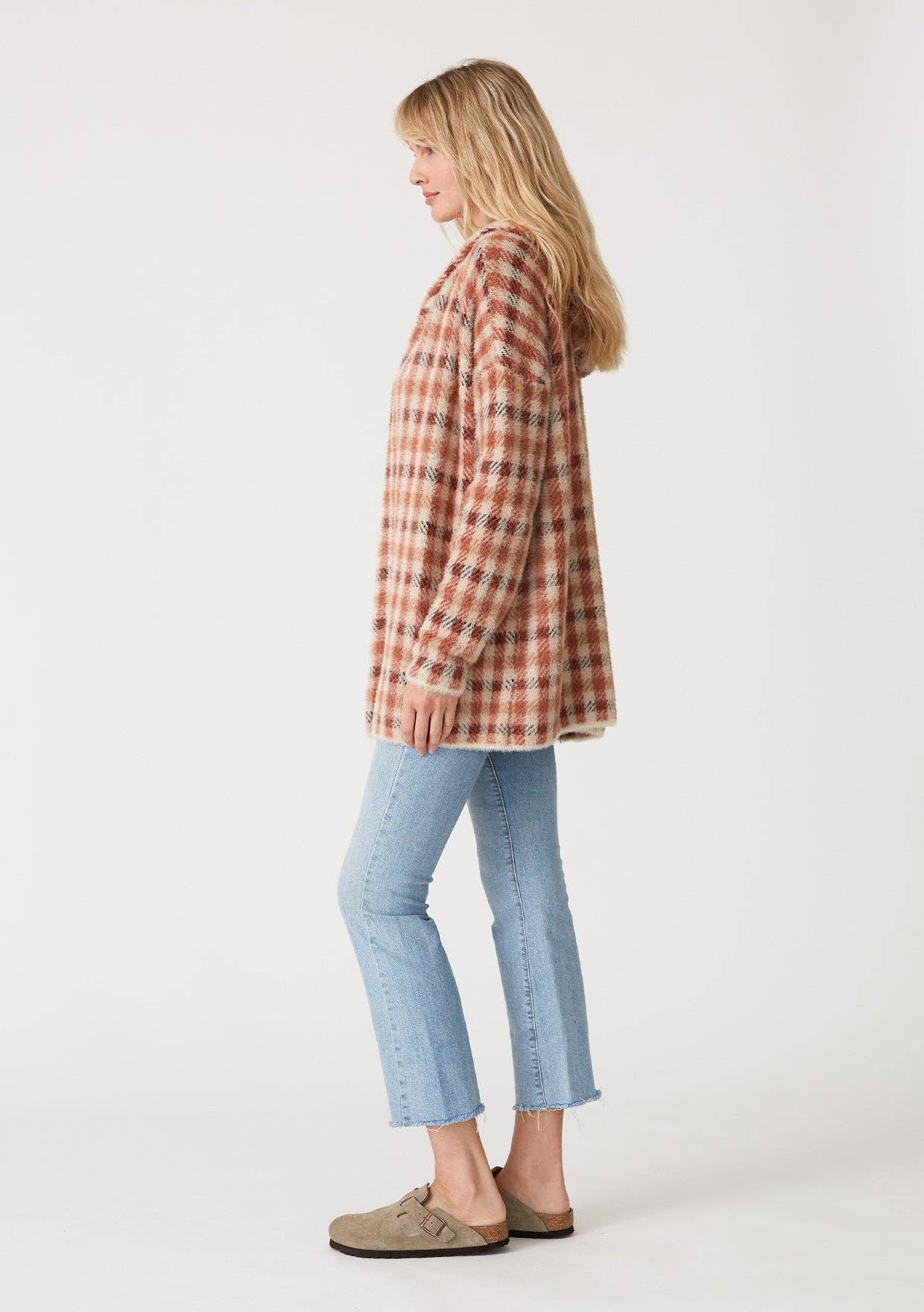 Fuzzy Plaid Long Sleeve Hooded Cardigan