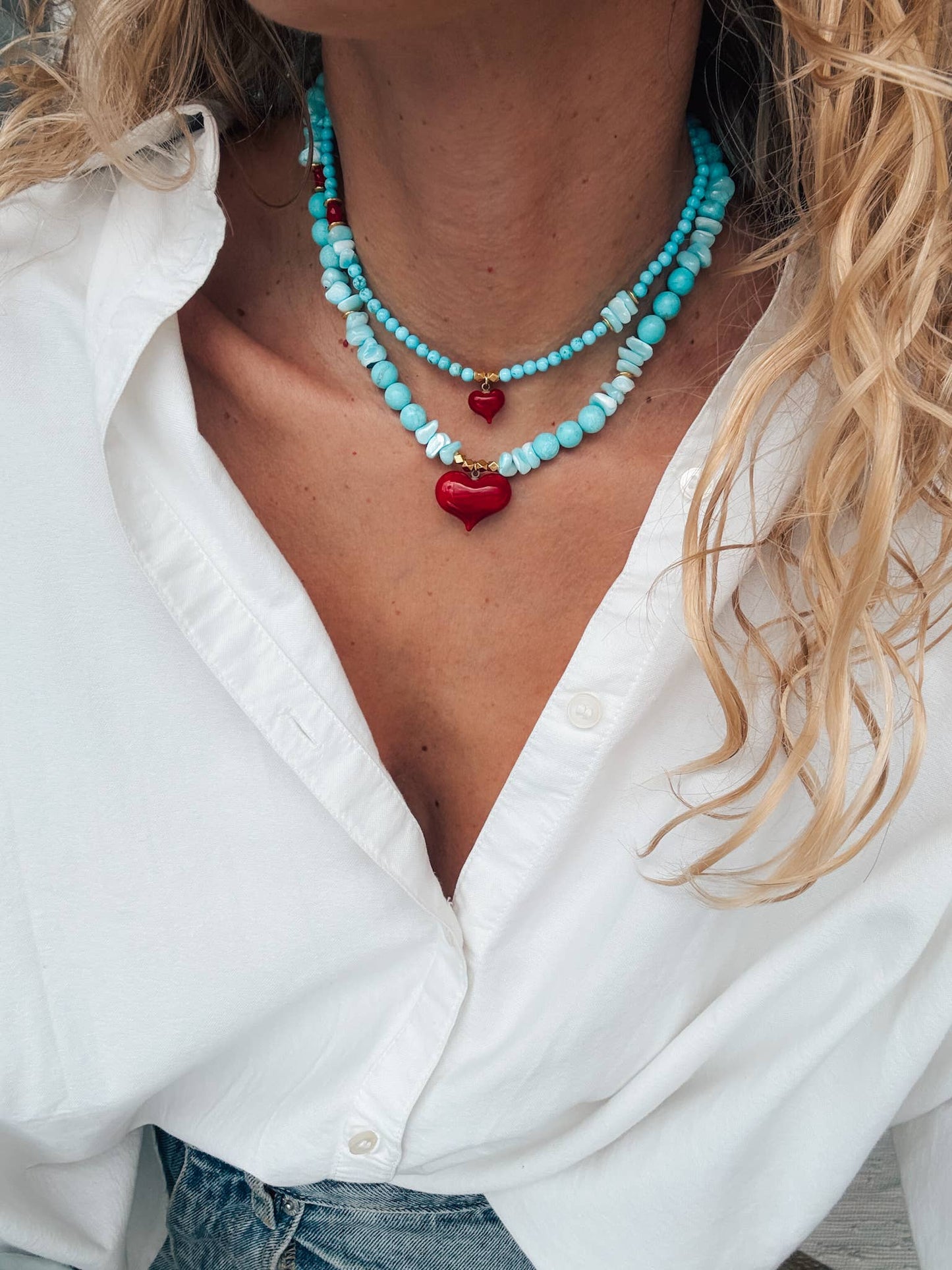 Handmade Semiprecious Howlite & Turquoise Necklace with Red Heart